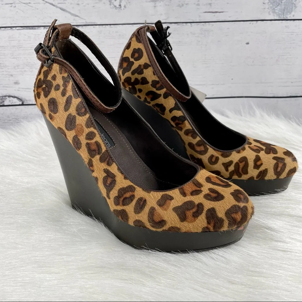 CALVIN KLEIN Leopard Print Wedges, made with Cow fur, NEW - Picture 1 of 13